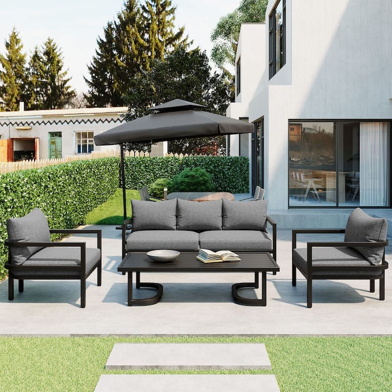 Roomfitters 4-Piece Outdoor Steel Sofa Set with Coffee Table, 3-Seater Couch and 2 Armchairs for Patio Garden