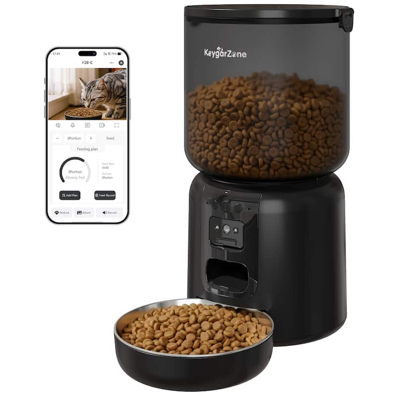 Smart Automatic Pet Feeder with HD Camera, WiFi App Control, Dual Power Supply & Voice Recording for Cats and Small Dogs, Black - Black