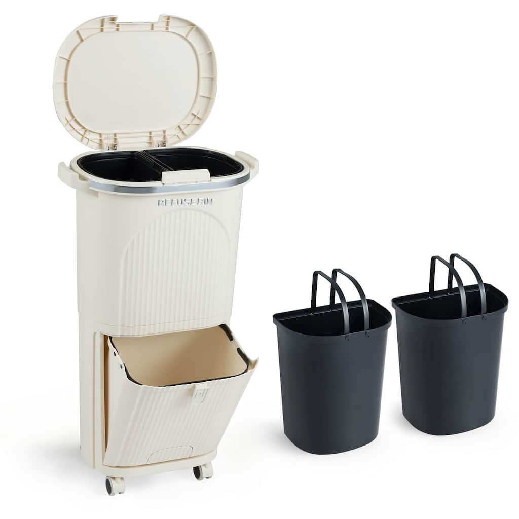 Costway 10 Gallon Kitchen Trash Can with Lid, 2 Removable Buckets, - Beige