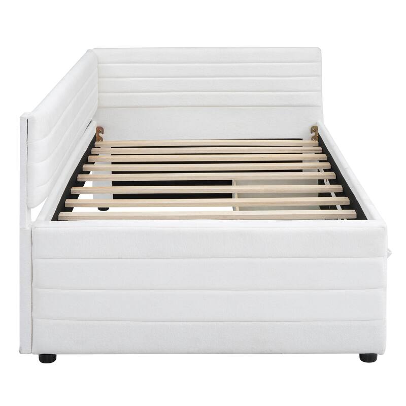 Twin Size Upholstered Daybed with Roll-Out Trundle, Space-Saving Wooden Frame, No Box Spring Needed