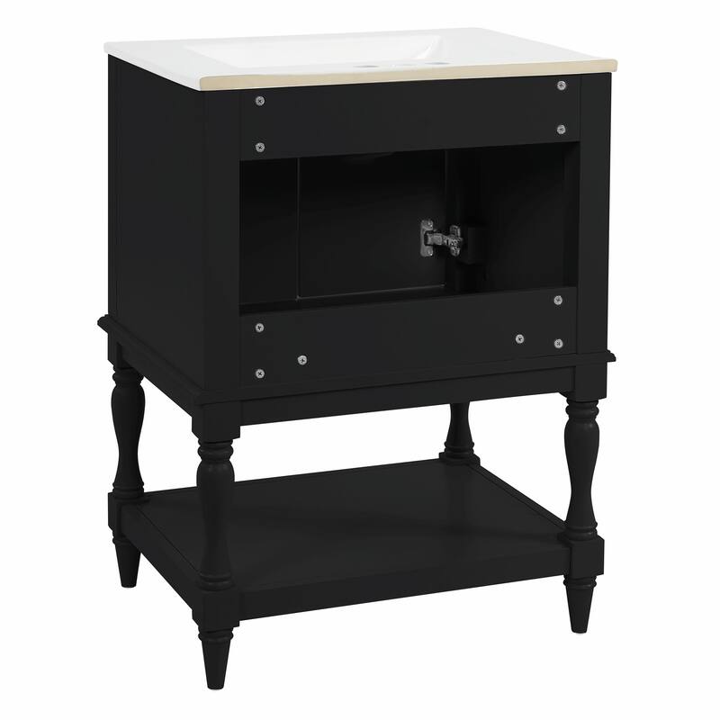 24" Modern Luxury Bathroom Vanity with Ceramic Sink, Freestanding Cabinet with Open Shelf and Enclosed Storage