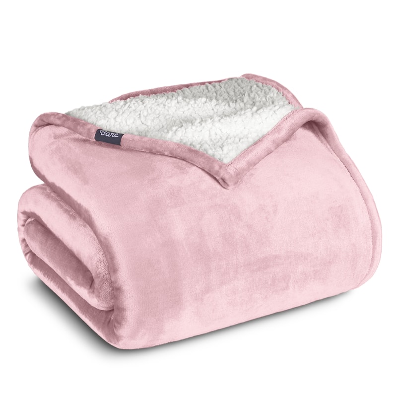 Bare Home Sherpa Fleece Blanket - Reversible Plush Bed Blanket - King - Light Pink