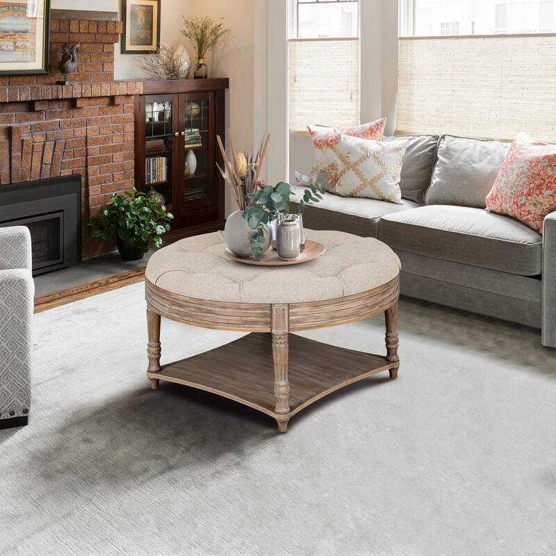 Large Round Ottoman Coffee Table - 2-Tier Button-Tufted with Wooden Shelf Storage