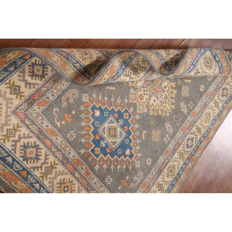 Geometric Kazak Oriental Area Rug Hand-Knotted Wool Carpet - 4'1"x 6'0"