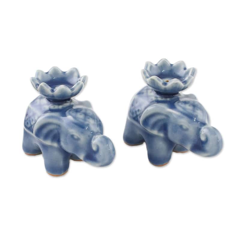 NOVICA Handmade Lotus Elephant In Blue Ceramic Incense Holders (Pair) Thailand - 2.2" H x 1.8" W x 3.1" D