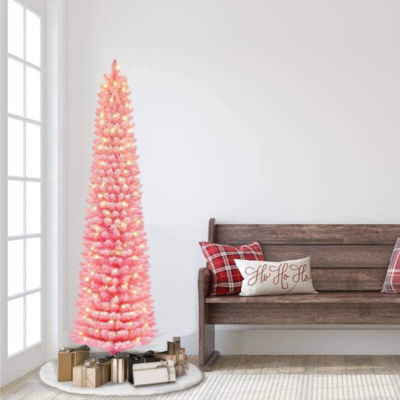Puleo International 6.5 ft. Pre-lit Flocked Fashion Pink Pencil Artificial Christmas Tree
