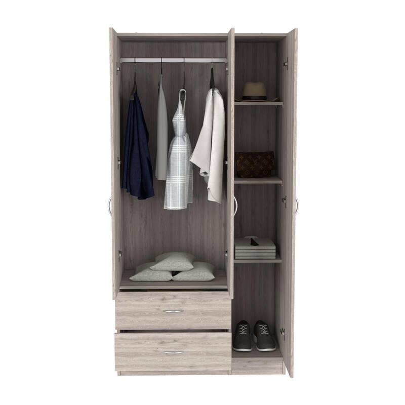 18.5" Modern Three-door Armoire with Hanging Rod, Two Bottom Drawers and Four Interior Shelves