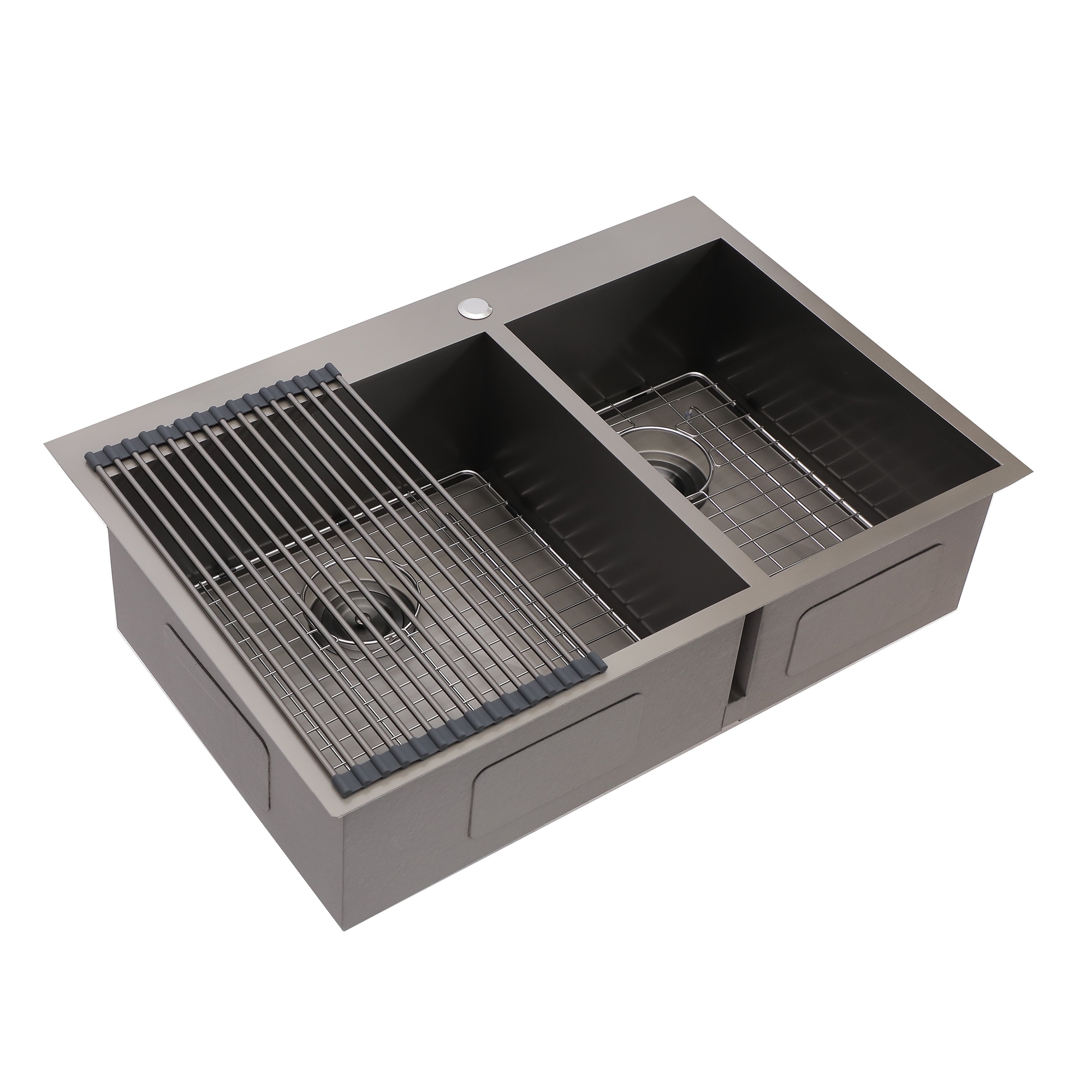 33 Inch. Drop-in Double Bowl Gunmetal Black Stainless Steel Kitchen Sink with Bottom Grid