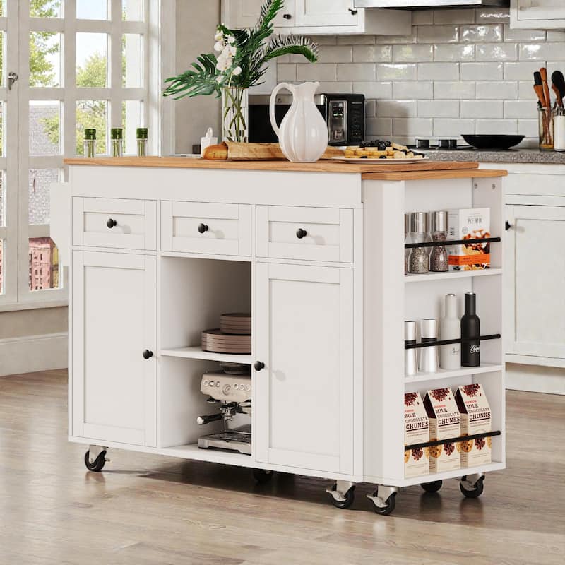 85.5" Extendable Kitchen Island with Dining Table, Rolling Storage Island with Power Outlet, Shelves, Drawers and Cabinets - White