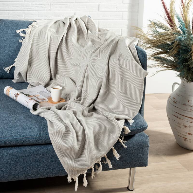 Sevita Herringbone Premium Turkish Cotton Standard Size Throw Blanket - Light Gray