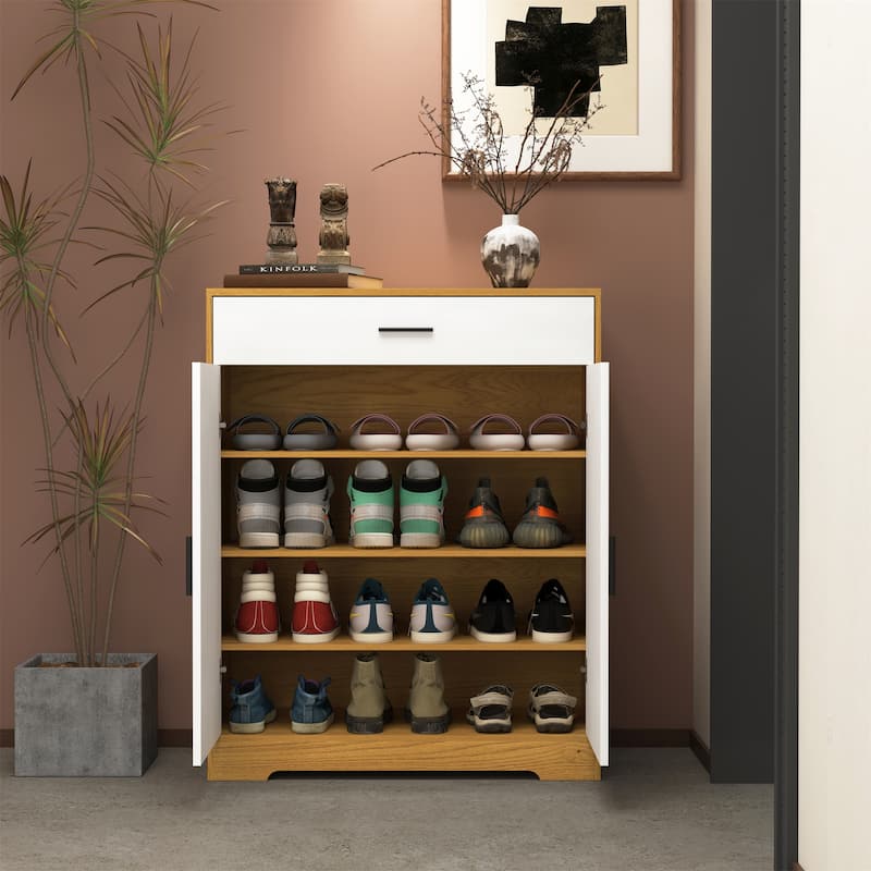 Freestanding Wood Shoe Storage Cabinet w/ 2 Doors ,Adjustable Shelves - Natural