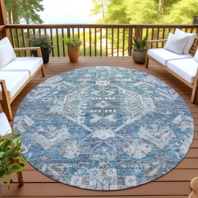 Machine Washable Indoor/ Outdoor Boho Traditional Chantille Rug - Denim - 8' x 8'