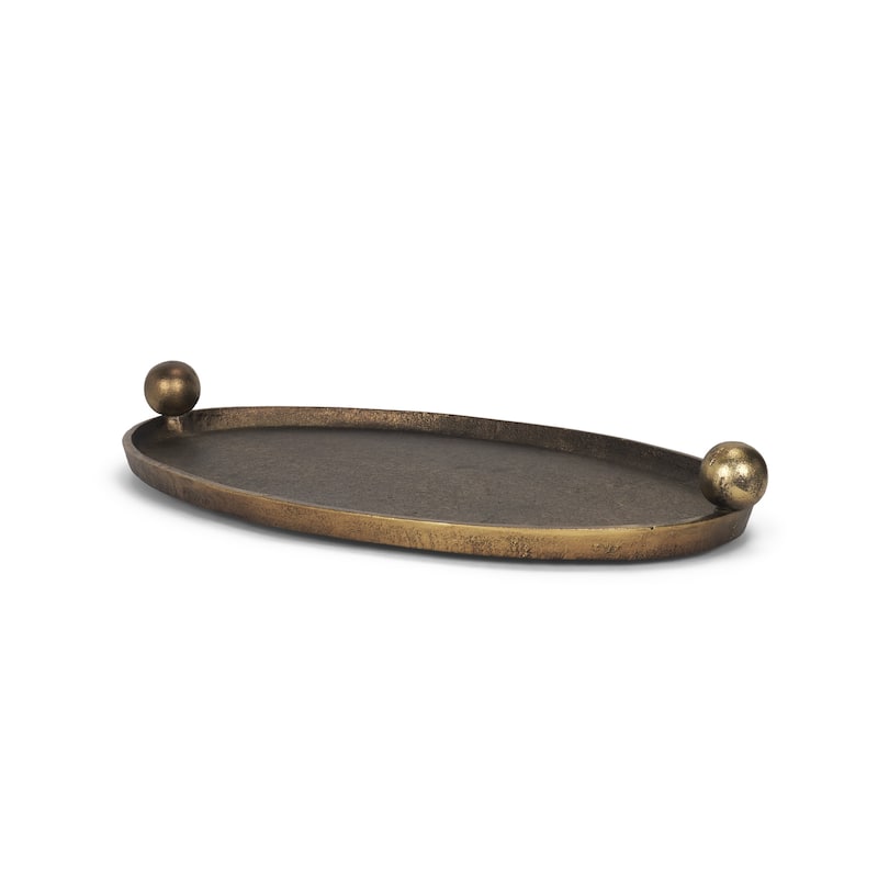 Jianna Large Oval Textured Antiqued Gold Metal Tray with Handles