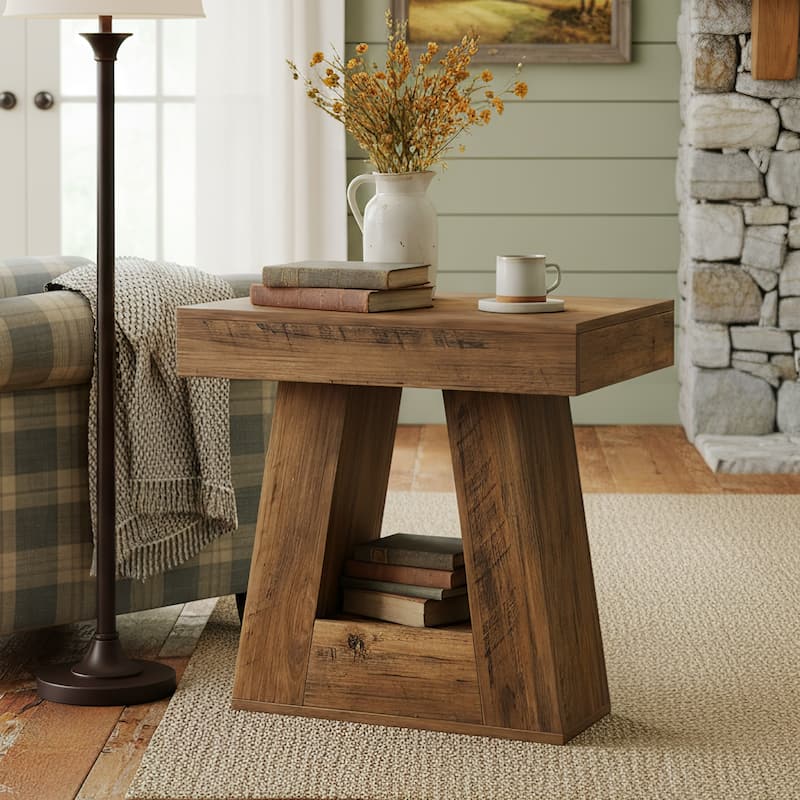 24" Modern Side Table, 2-Tier Narrow End Table with Trapezoid Base