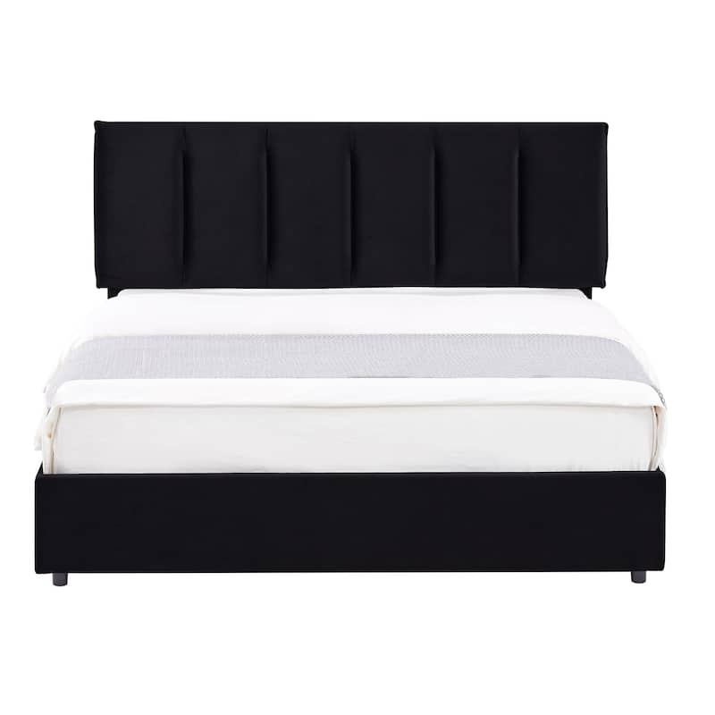 Black Bed Frame with 4 Storage Drawers, Upholstered Platform Bed Frame with Adjustable Headboard