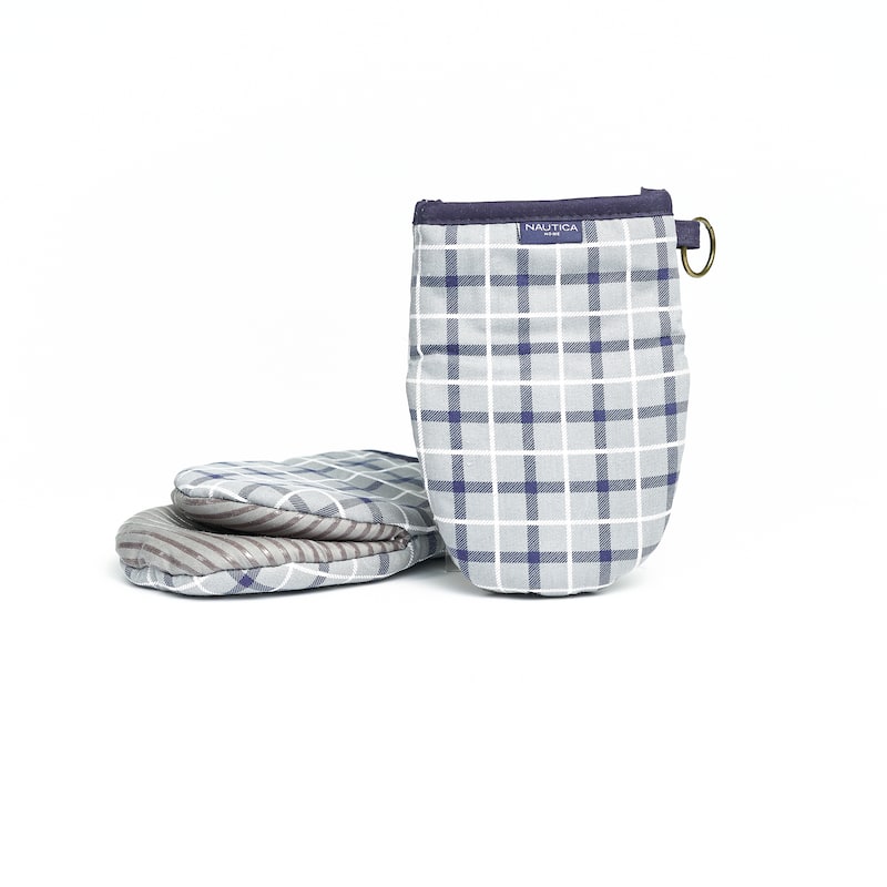 Nautica Home Grey/Navy Plaid 100% Cotton Mini Oven Mitt With Silicone Palm (Set of 2)