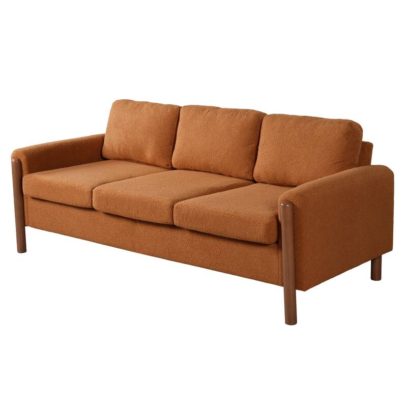 83.86" 3-Seater Sofa, Curved Armrest with Integrated Solid Wood Legs, Teddy Velvet Fabric, High Weight Capacity