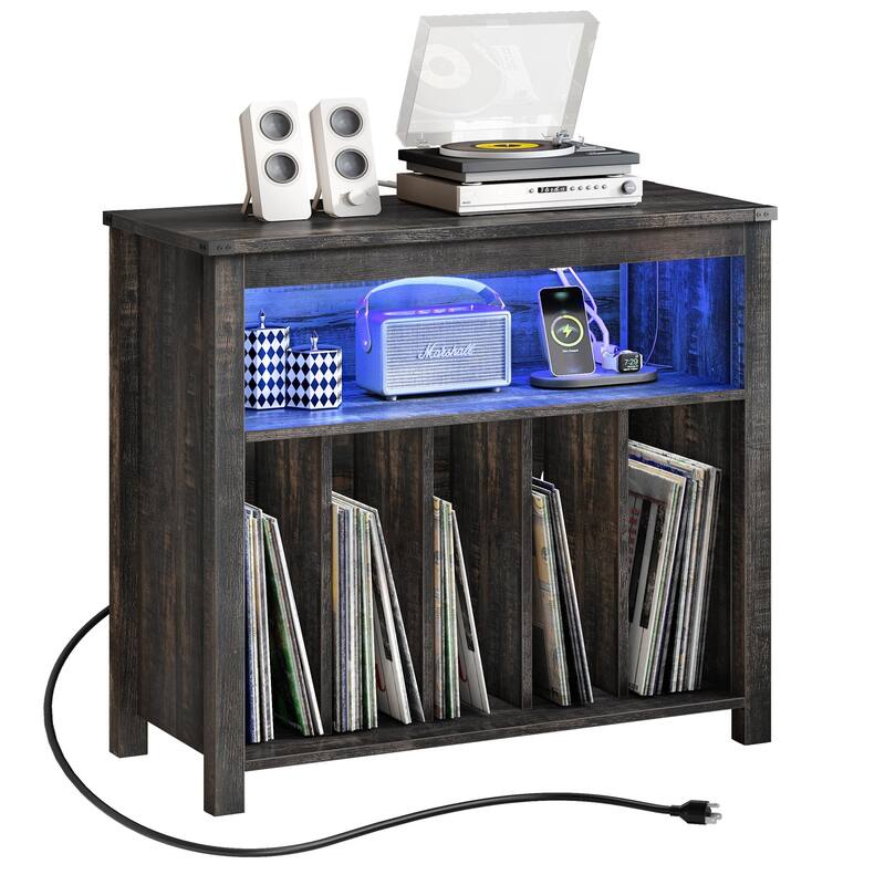 Large Record Player Stand with Power Outlets and LED Lights Turntable Stand - Oak
