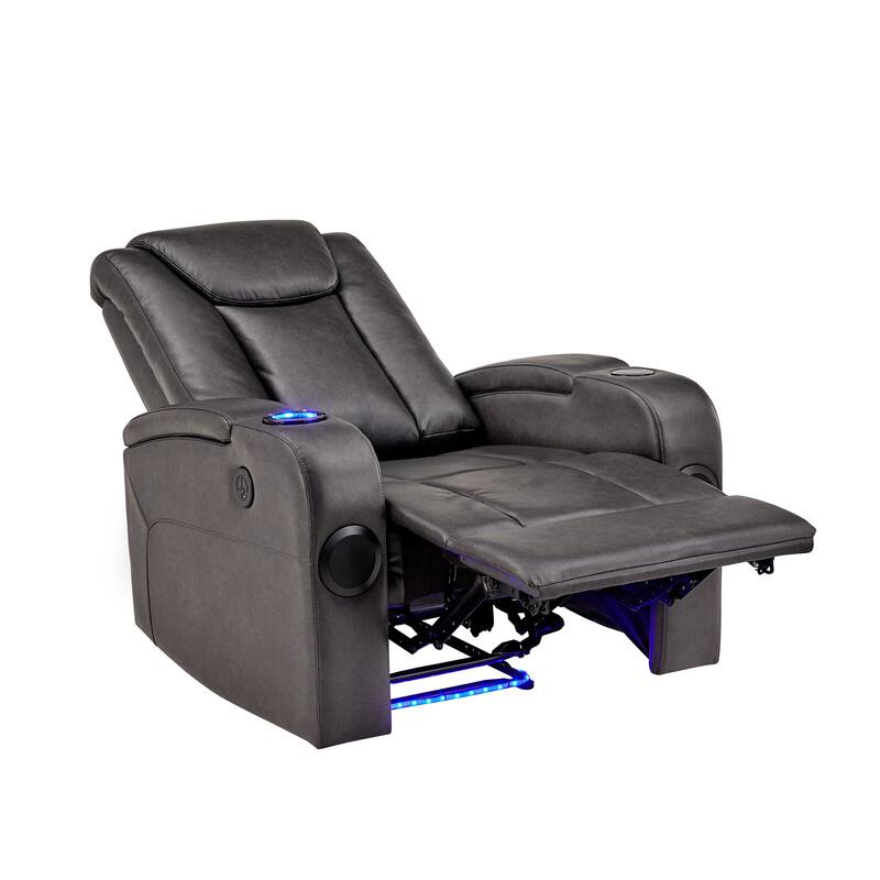 Terlingua Gray Vegan Leather LED Power Recliner with Speaker, Storage, USB and Wireless Charger by iNSPIRE Q Classic