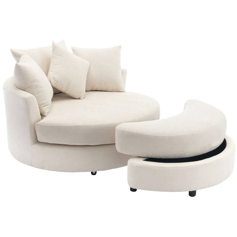 Oversized Swivel Barrel Chair, Chenille Upholstered Leisure Chair, Sofa Chair with Storage Ottoman & 4 Pillows