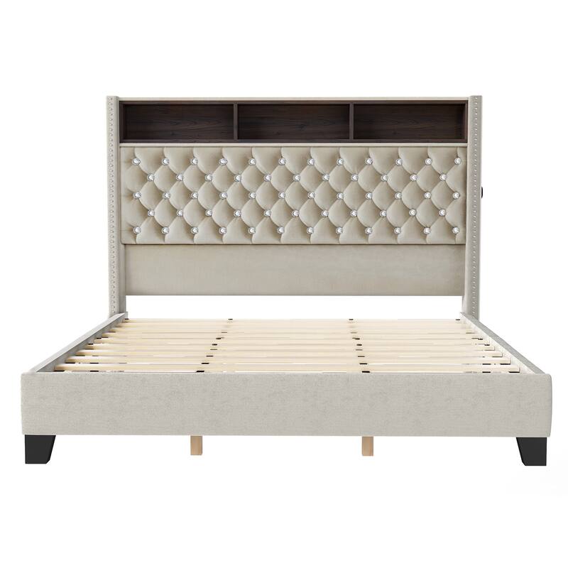58" Tall Wingback Storage Headboard Bed Frame with USB Charging Stations and Deep Button Tufted