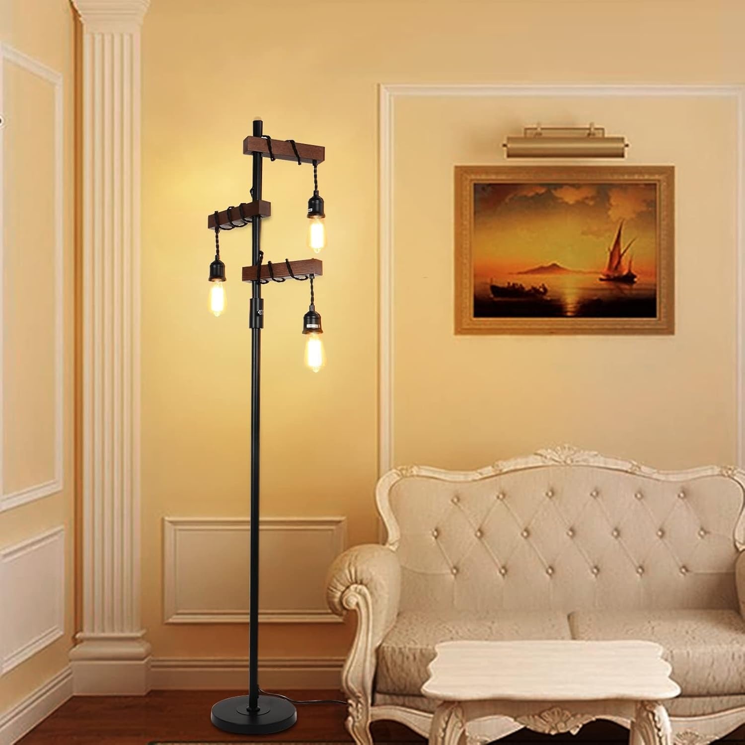 Dimmable Industrial Floor Lamp,Farmhouse Tree 3-Lights Design,68"Tall Wood Standing Lamp with Sturdy Base,Vintage Pole Light