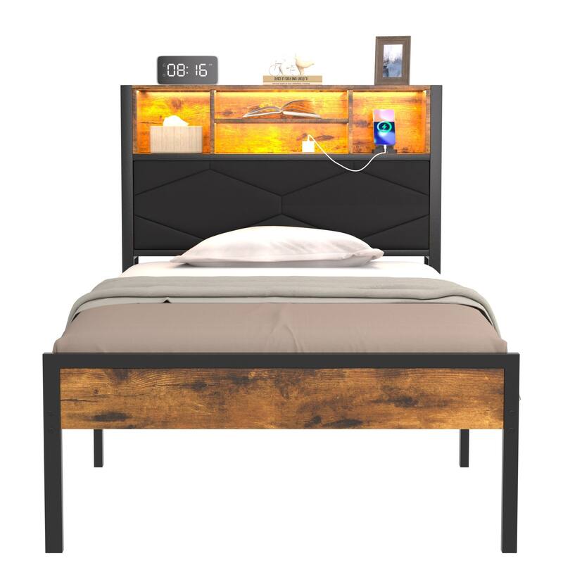 VECELO Upholstered Storage Bed Frame with LED Lights and Storage Headboard, LED Bed Frame with Charging Stations