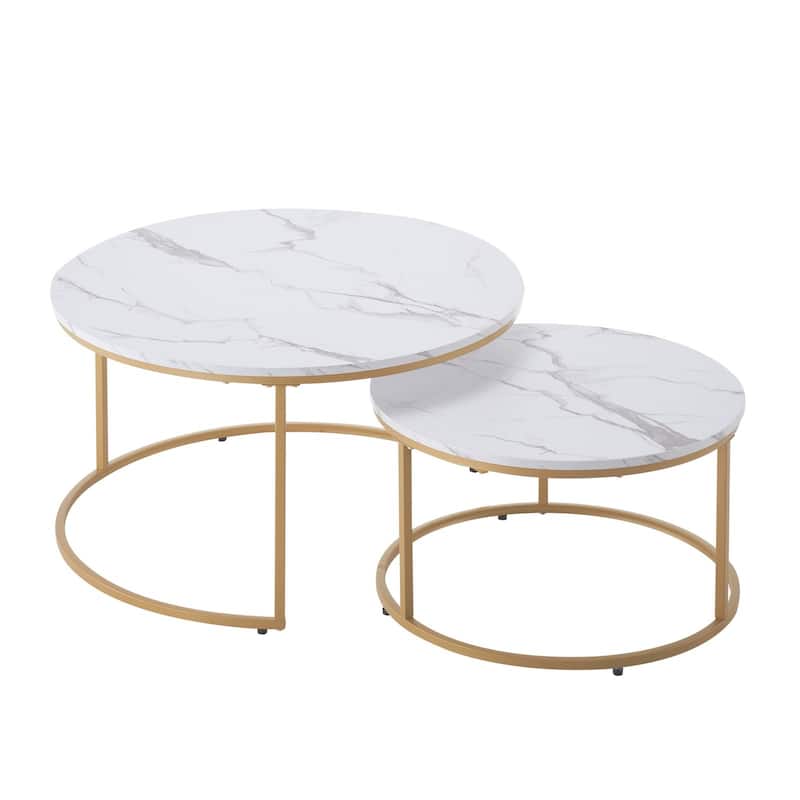 Round Nesting Coffee Tables Set of 2 with Metal Frame for Small Spaces Bedroom - 31-32 inch - White-Marble