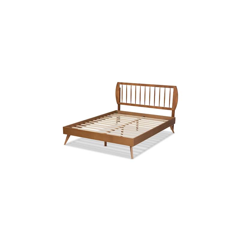 King Size Platform Bed Wood Frame - Modern Design, Walnut Finish, Spindled Headboard, Sturdy Slats, Bedroom Furniture