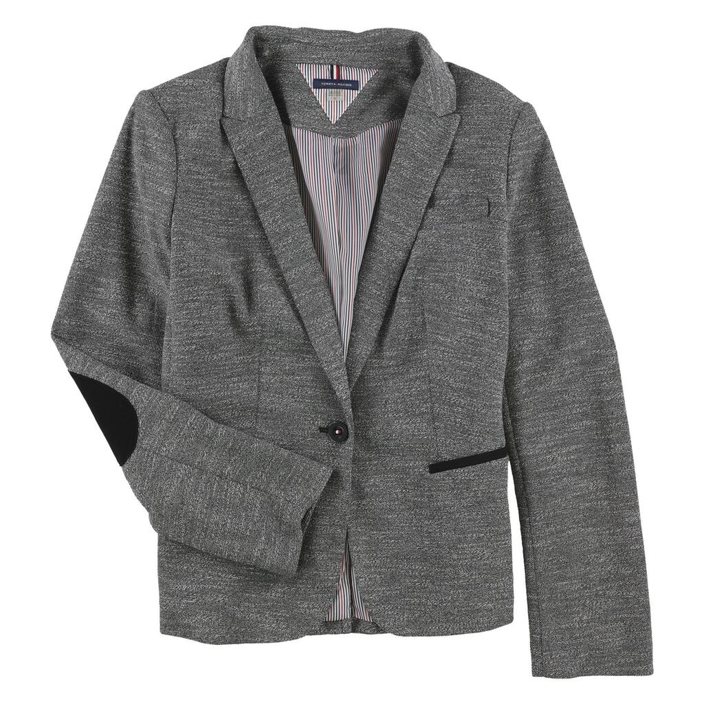 Tommy Hilfiger Womens Elbow Patch One Button Blazer Jacket, Black, 16