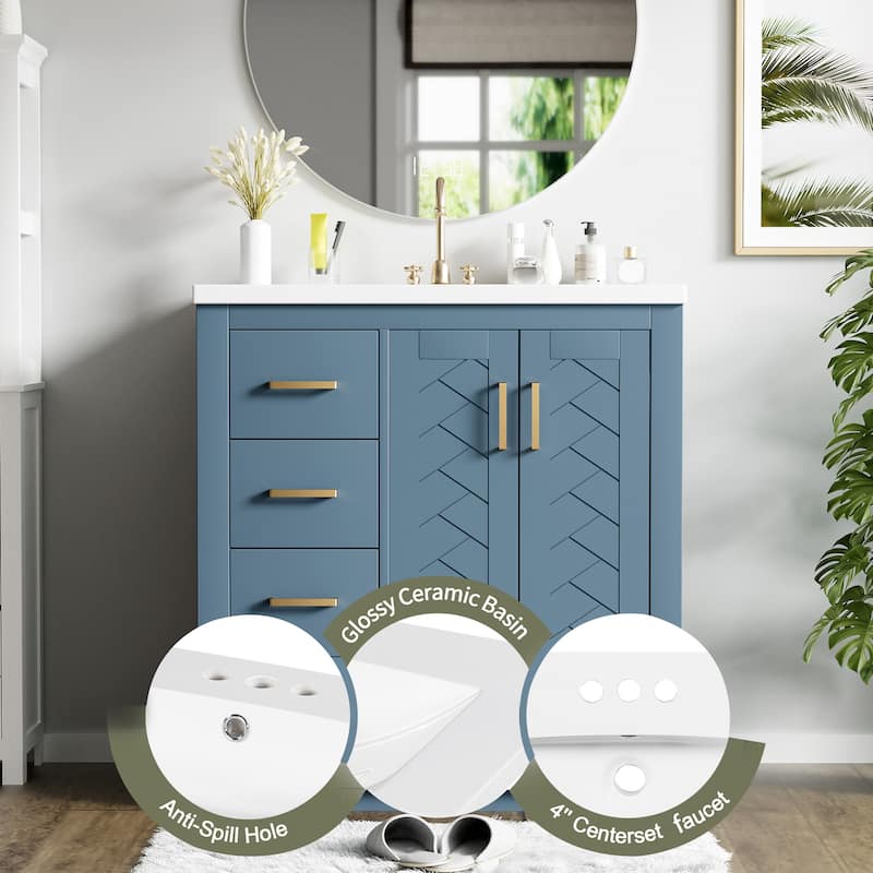Freestanding Vanity Set, Wooden Bathroom Storage Cabinet, Bathroom Vanity with Ceramic Sink, 3 Drawers & Soft Closing Doors