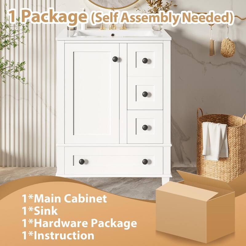 24" Bathroom Vanity with Integrated Ceramic Basin - Soft-Close Drawers, Door-Mounted Shelf