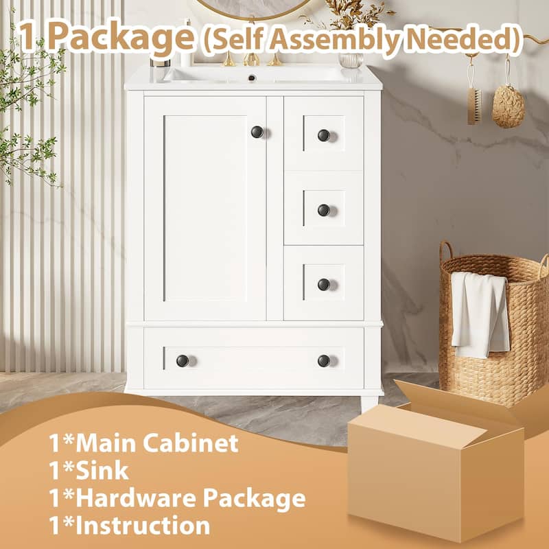 24" Bathroom Vanity with Integrated Ceramic Sink, Soft-Close Drawers and Door, Cabinet with Door Storage Rack