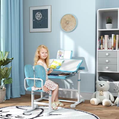 Qaba Kids Desk and Chair Set, Height Adjustable Kids School Study Desk and Chair Set with Tilt Desktop