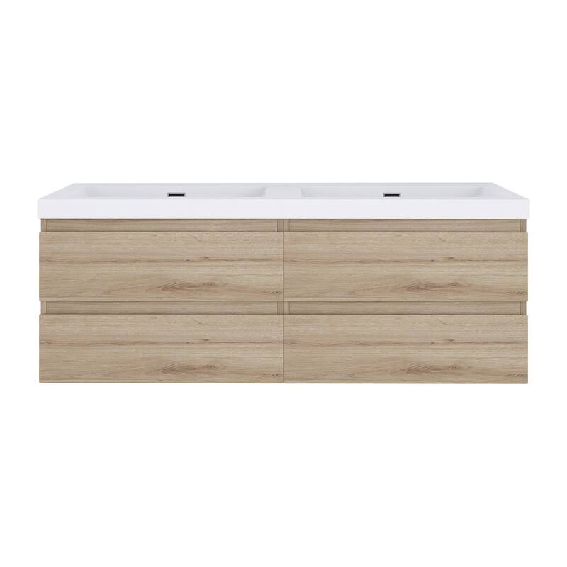 MDF Wall-Mounted Bathroom Vanity Set in Oak with Integrated Culture Marble Sink