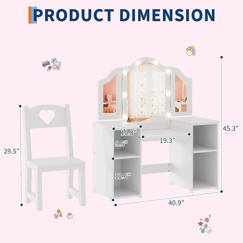 Kids Vanity Table, Princess Makeup Desk Set for Toddler