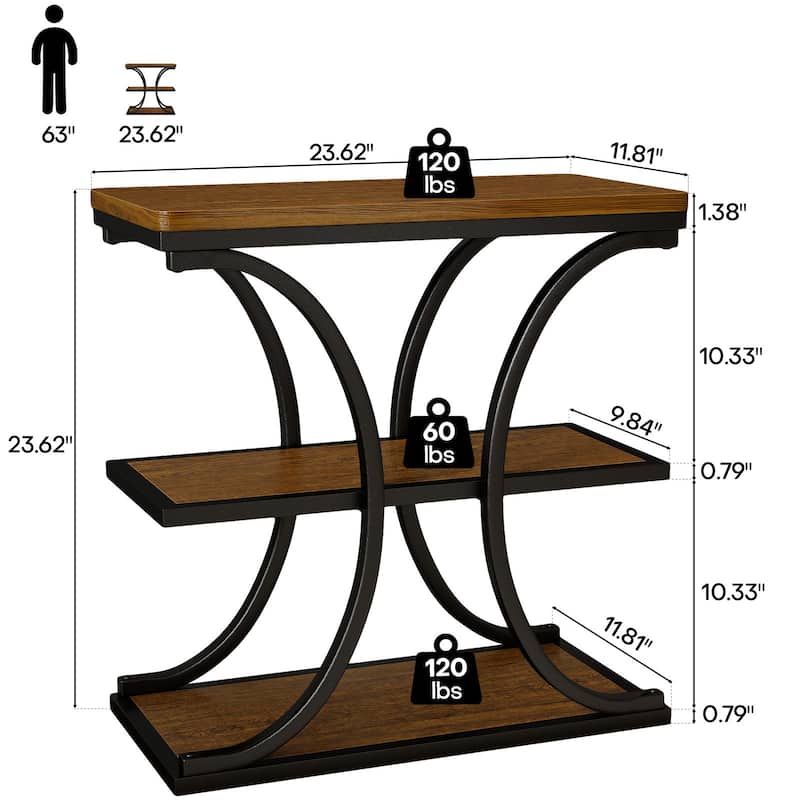 3-Tier Wood End Table Industrial Sofa Side Table with Storage Shelves - 23.62"L x 11.81"W x 23.62"H