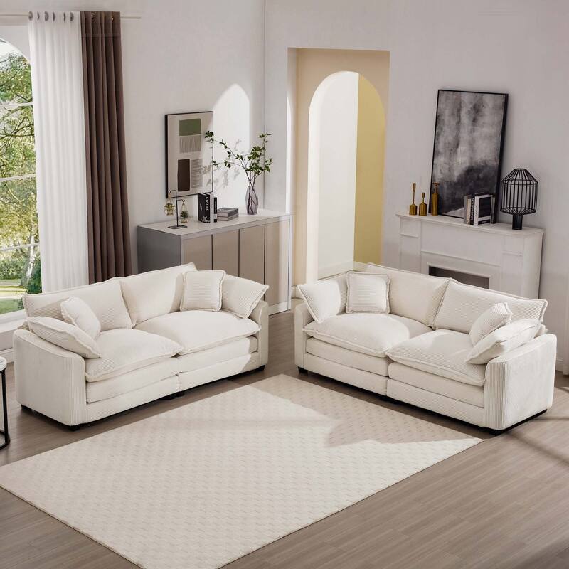 2+2 Seat Corduroy Fabric Flexible Combinations Sofas Set with Removable Armrests and Throw Pillows