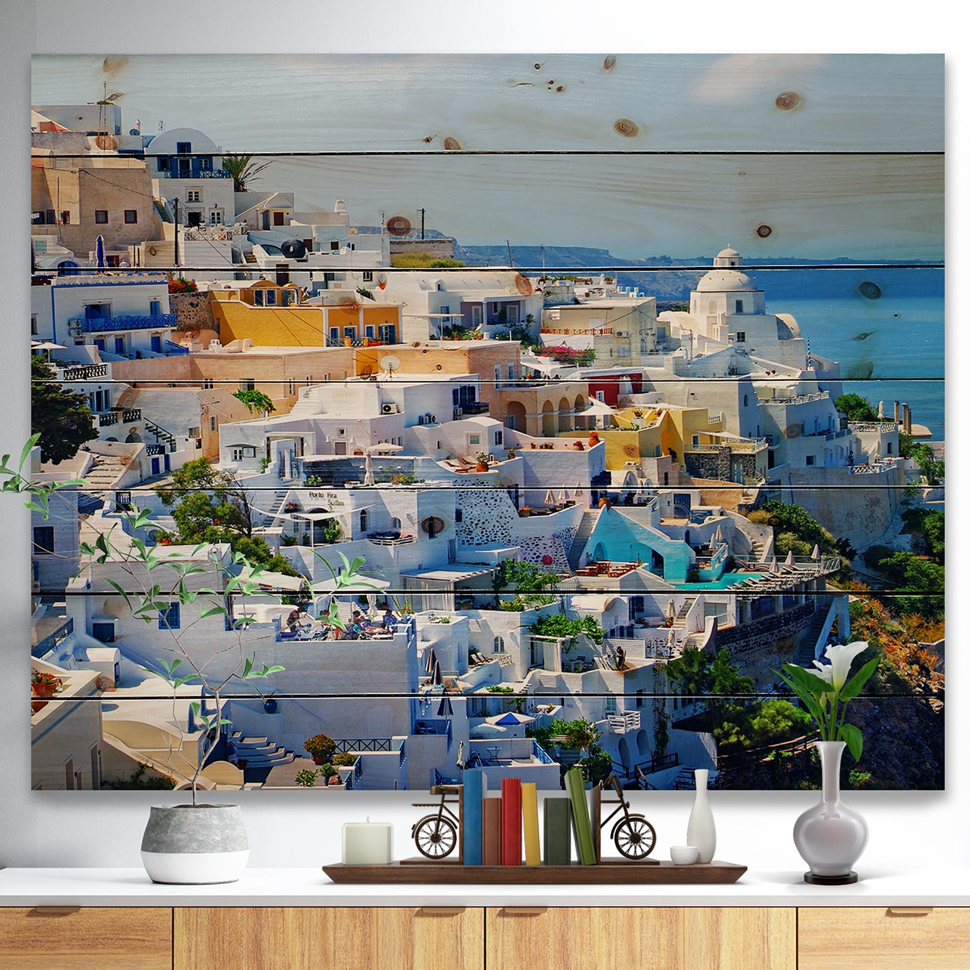 Designart 'View Of Fira Town Santorini' Country Wood Wall Art Dundefinedcor  Natural Pine Wood Bed Bath  Beyond 36738444