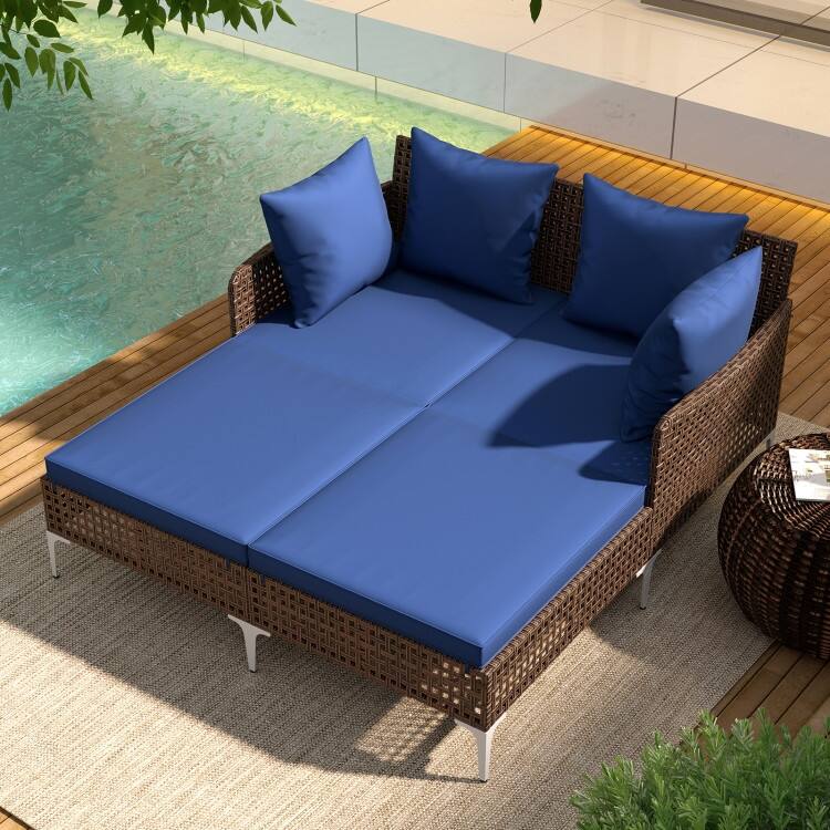 Mix Brown Rattan Day Bed with Cushions Outdoor Lounger - 60" x 52.5" x 27.5"