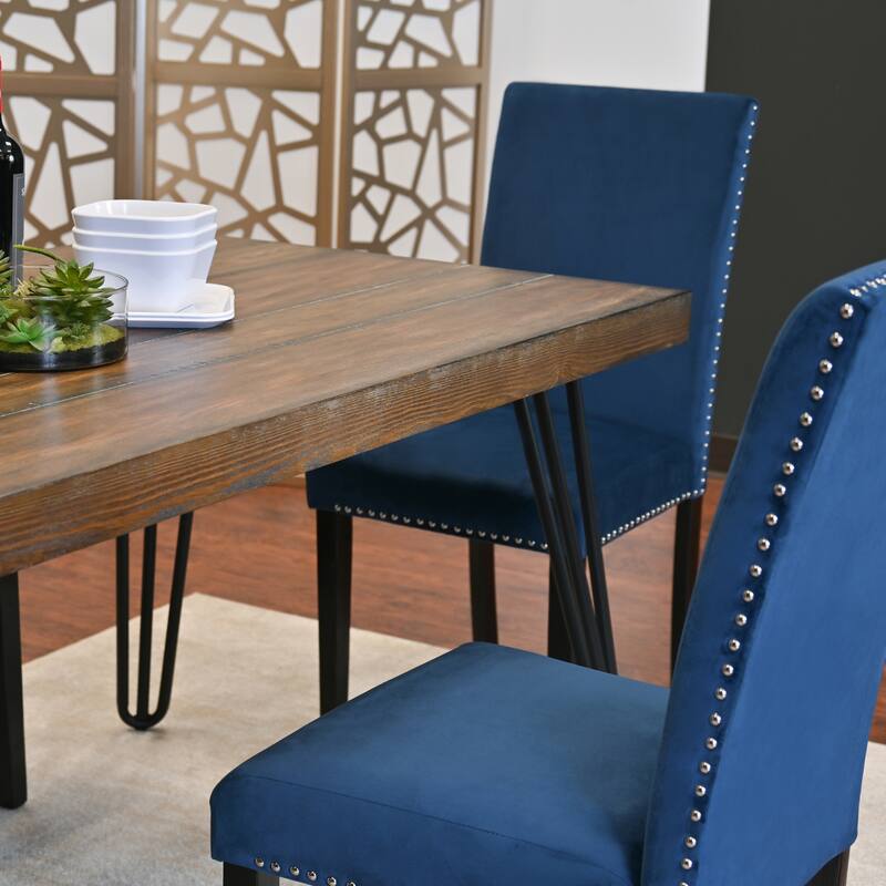 Rectangular Dining Table and Chair Sets with Chrome Nailhead Trim Chairs and Metal Hairpin Legs for Living Room Kitchen