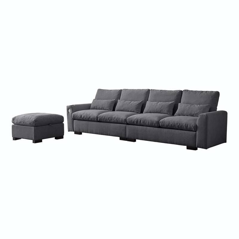 114.5"Modern L Shaped Chenille Sofa with Ottoman and USB Ports