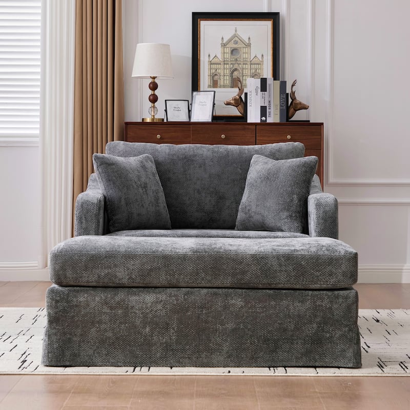 Morden Accent Chair with Ottoman, Chenille Living Room Side Chair, Single Sofa Armchair with Bolster Pillows
