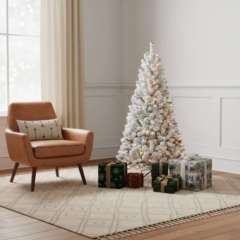 HomeRoots 5' Pre Lit Full Flocked Spruce Christmas Tree - Green/White - 31.00 in. x 60.00 in. x 31.00 in. - Green/White - 5 Foot