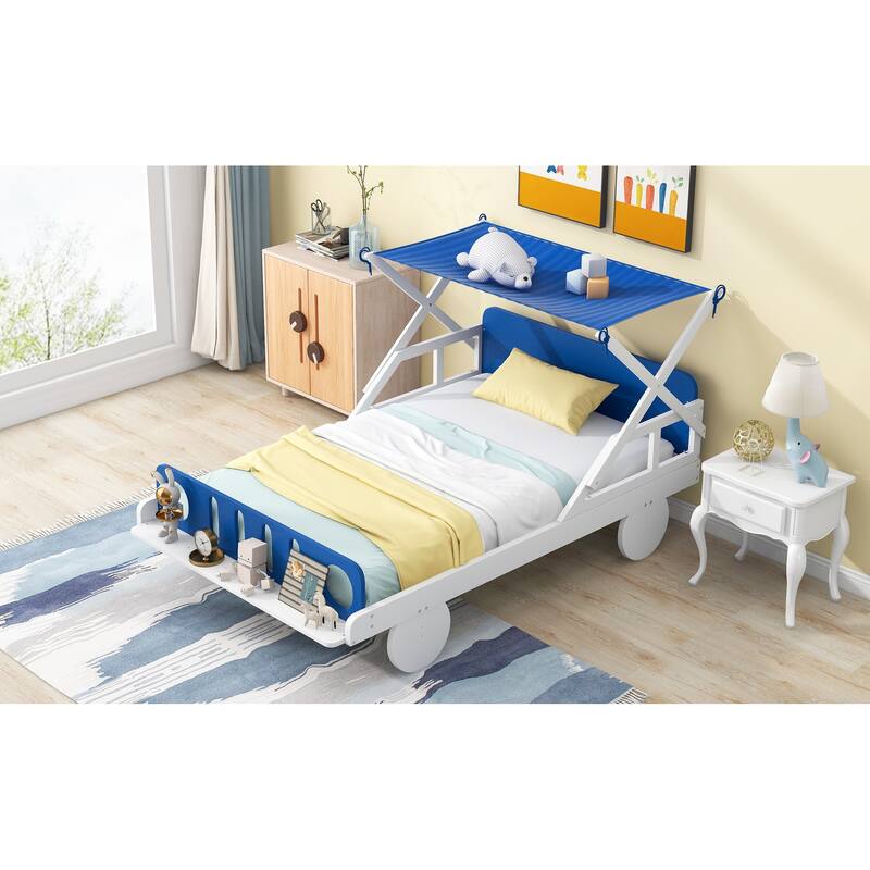 Wood Twin Size Car Bed with Ceiling Cloth, Headboard and Footboard, CarShaped Platform Bed W