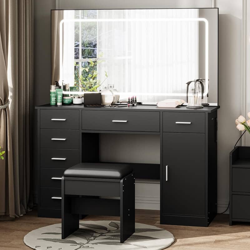Makeup Vanity Table with Mirror, 7 Drawers, Charging Station, Holder, Stool - Black
