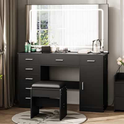 Makeup Vanity Table with Mirror, 7 Drawers, Charging Station, Holder, Stool