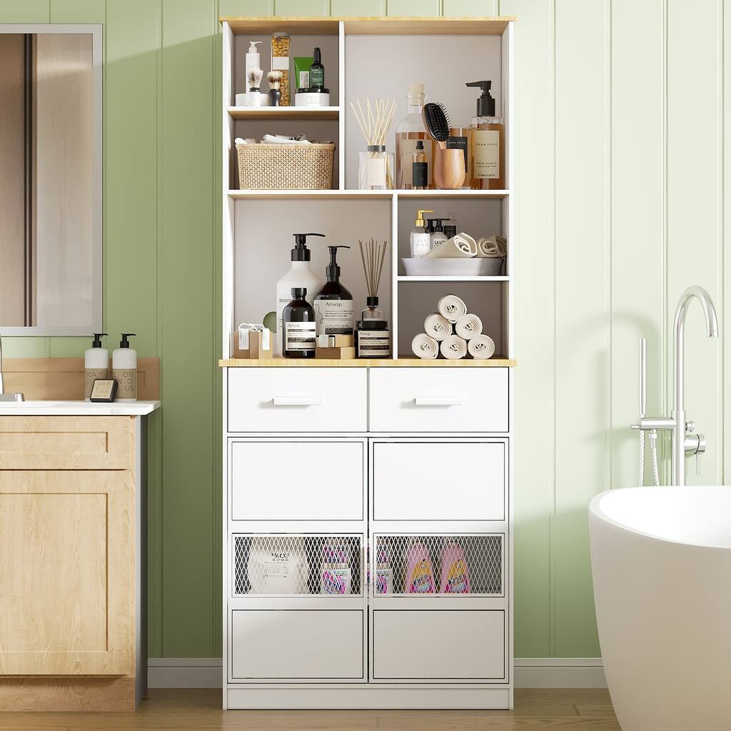 72" Height Freestanding Linen Tower Cabinet Tall Large Floor Storage Cabinet for Home Kitchen Bathroom Living Room White