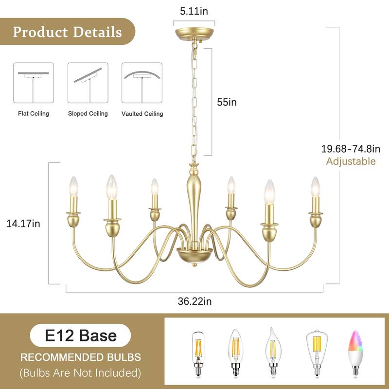 6-Light W36.2" x H74.8" Dimmable Chandelier Light for Kitchen Island Bedroom