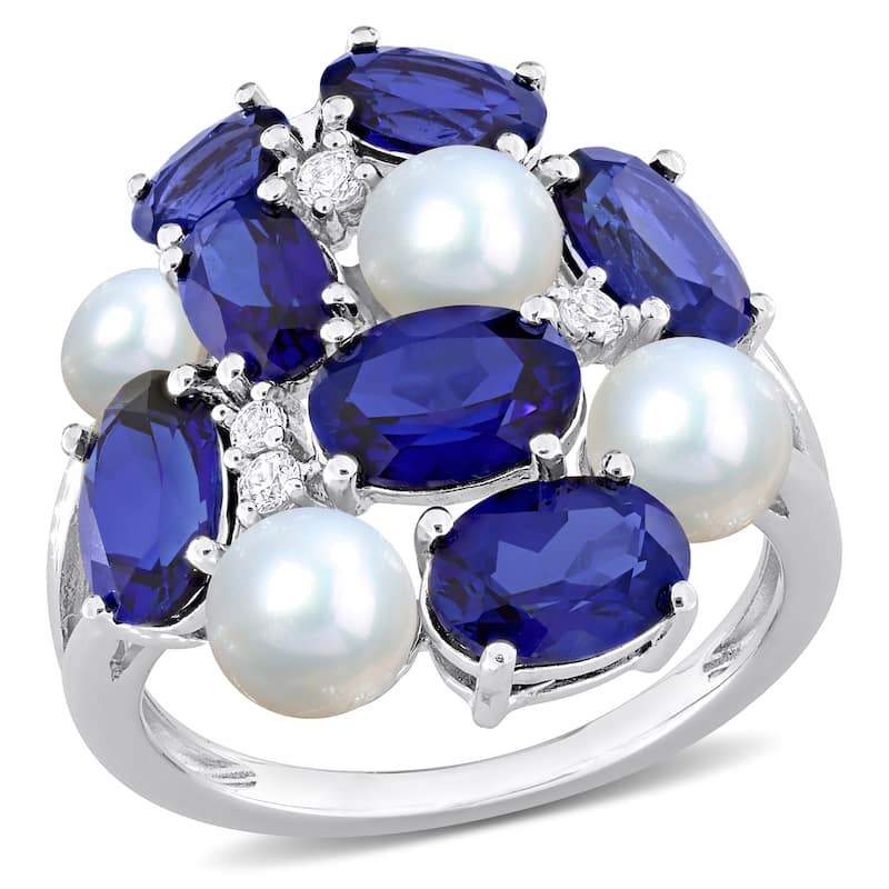 Miadora 7ct TGW Created Blue White Sapphire Cultured Freshwater Pearls Ring Sterling Silver